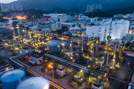 Tai Po, Hong Kong 20 May 2019: Top view of industrial factory in Hong Kong at nightのeditorial素材