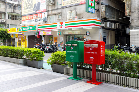 Taipei, Taiwan 03 October 2023: Taiwan green Post Box and red Post Boxのeditorial素材