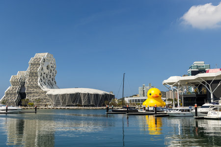 Kaohsiung, Taiwan, 01 February 2024: Rubber duck in Kaohsiung Music Center at Taiwanのeditorial素材