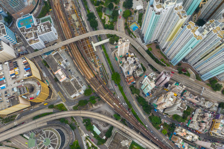 Kwun Tong, Hong Kong 02 June 2019: Top down view of Hong Kong trafficのeditorial素材