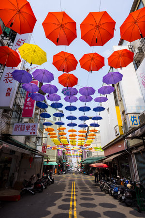 Taiwan 02 February 2024: Colorful Umbrellas Hanging In Hou Yi Shopping Street in Kaohsiung of Taiwanのeditorial素材