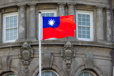 National Taiwan flag hanging at outdoorの写真素材