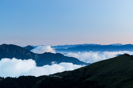 Taiwan Hehuanshan at sunset with sea of the cloudの写真素材