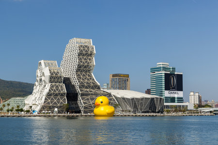 Kaohsiung, Taiwan, 01 February 2024: Rubber duck in Kaohsiung Music Center at Taiwanの写真素材