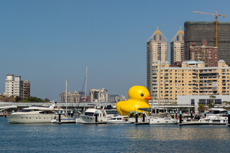 Taiwan, 02 February 2024: Yellow duck in kaohsiung bay in Taiwanの写真素材