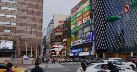 Taipei, Taiwan 20 March 2022: Taipei city street in the eveningの写真素材
