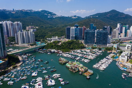 Aberdeen, Hong Kong 24 August 2020: Drone fly over Hong Kong typhoon shelter in aberdeenのeditorial素材
