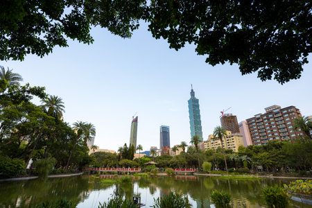 Taipei, Taiwan 14 September 2023: Taipei city downtown view with lakeのeditorial素材