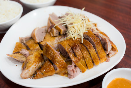 Slice of goose meat on plate at restaurantのeditorial素材