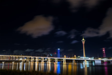 Macau 28 June 2023: Macau tower in city at nightのeditorial素材