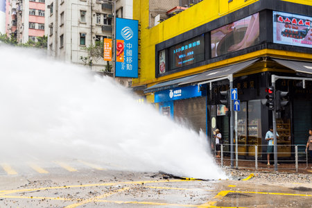Hong Kong 24 April 2024: Water pipe burst occurs in Hong Kong islandのeditorial素材