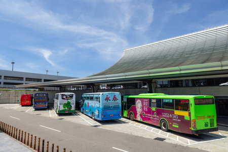Taiwan 05 July 2023: Line up of the tourist bus stopのeditorial素材