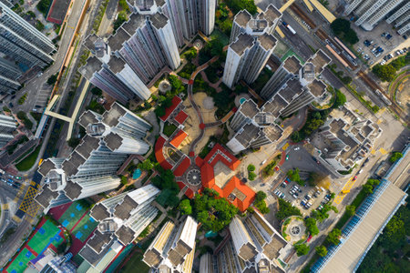 Tuen Mun, Hong Kong 16 May 2019: Top view of Hong Kong apartment buildingのeditorial素材