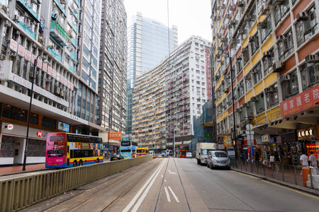 Hong Kong 08 April 2024: Tramway in Hong Kong North Point districtのeditorial素材