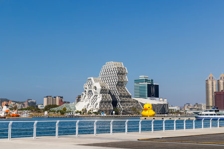 Kaohsiung, Taiwan, 01 February 2024: Rubber duck in Kaohsiung Music Center at Taiwanのeditorial素材