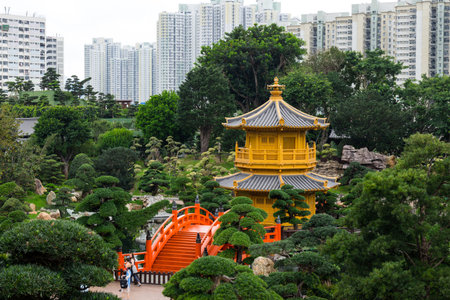 Hong Kong 30 March 2024: Golden pavilion at Chi Lin Nunnery in Hong Kong cityのeditorial素材