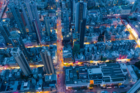 Kowloon city, Hong Kong 15 May 2019: Aerial view of Hong Kong at nightのeditorial素材