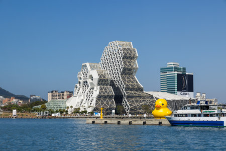 Taiwan, 01 February 2024: Kaohsiung Music Center with yellow duck floating over the bayのeditorial素材