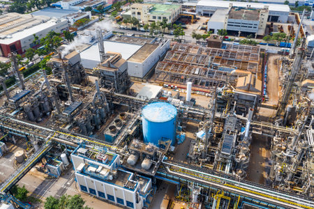 Tai Po, Hong Kong 19 May 2019: Top view of industrial factoryのeditorial素材