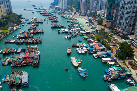 Aberdeen, Hong Kong 12 May 2019: Aerial view of Hong Kong typhoon shelter with fishing harbor portのeditorial素材