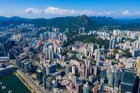 Kwun Tong, Hong Kong 06 September 2019: Drone fly over Hong Kong cityのeditorial素材