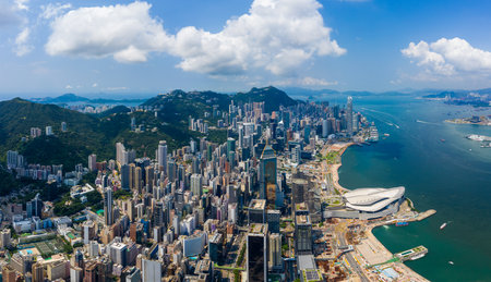Wan Chai, Hong Kong 03 September 2019: Drone fly over Hong Kong cityのeditorial素材