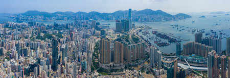 Mong Kok, Hong Kong 03 September 2019: Drone fly over Hong Kong cityのeditorial素材