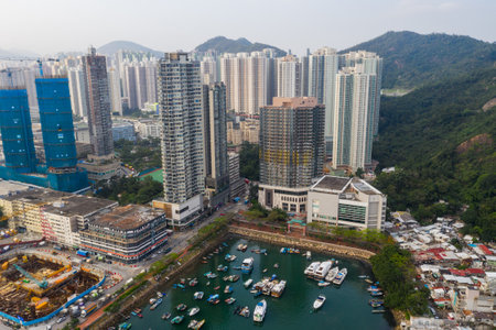 Lei yue man, Hong Kong 22 May 2019: Top view of Hong Kong residential district at the seasideのeditorial素材
