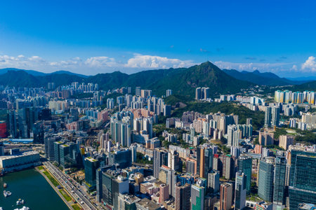 Kwun Tong, Hong Kong 06 September 2019: Drone fly over Hong Kong cityのeditorial素材