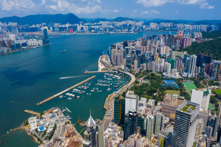 Causeway Bay, Hong Kong 11 September 2019: Drone fly over of Hong Kong island sideのeditorial素材