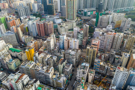 Sham Shui Po, Hong Kong 09 October 2019: Top view of Hong Kong cityのeditorial素材