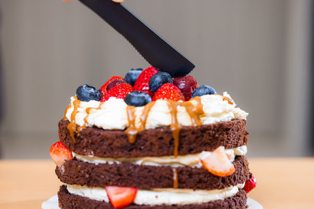 Chocolate layer cake with strawberries and blueberriesの写真素材