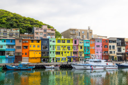 Keelung, Taiwan 06 July 2023: Colorful Zhengbin Fishing Port at Keelung of Taiwanの写真素材
