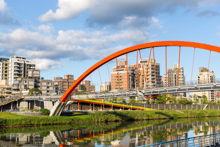 City view with riverside and bridgeの写真素材