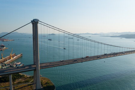 Drone fly over Hong Kong Tsing Ma suspension bridgeの写真素材