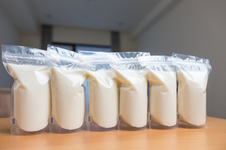 Fresh breast milk stored in sealed bagsの写真素材