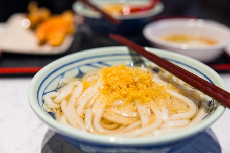 Delicious Japanese udon noodle soup with ingredients