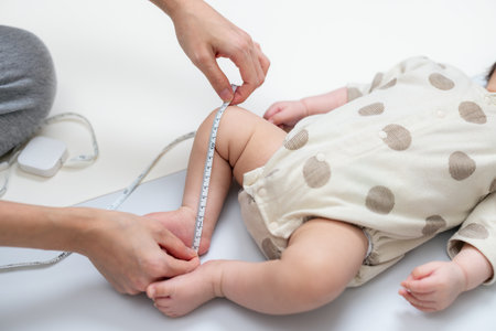 Mother measuring baby leg length with tape measureの写真素材