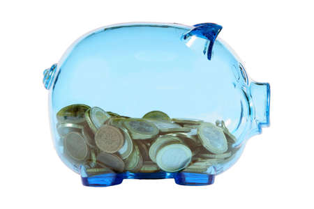 Blue transparent piggy bank with euro coins.の写真素材