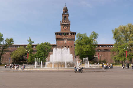 Milan, Italy - April 7, 2011: Main entrance of Castello Sforzesco (Sforza castle) in Piazza Castello (Castle square), Milan. Its construction began in the 15th century and the castle was modified in the following centuries.のeditorial素材