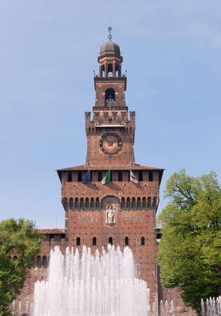 Filarete's tower at the main entrance of Castello Sforzesco (Sforza castle) in Piazza Castello (Castle square), Milan. Its construction began in the 15th century and the castle was modified in the following centuriesのeditorial素材