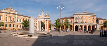 Piazza Ganganelli (Ganganelli square) in Santarcangelo di Romagna, Italy. Piazza Ganganelli is the main square of the town and it feaures the Monumental Arch dedicated to the Pope Clement XIV and a war memorial. It is surrounded by the town hall a school のeditorial素材