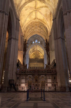 Interior of Seville Cathedral. Built between 1402 and 1506, Seville Cathedral is the largest gothic...