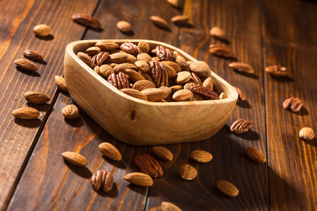 nuts on a wooden backgroundの写真素材