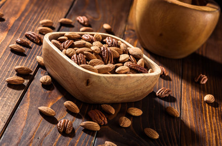 nuts on a wooden backgroundの写真素材