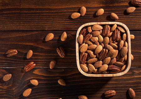 nuts on a wooden backgroundの写真素材