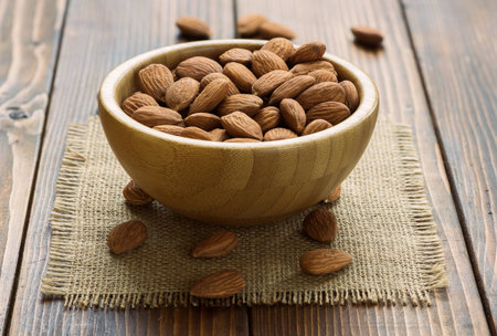 The nuts on a wooden brown backgroundの写真素材