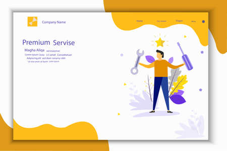 Man holding wrench, screwdriver and gear wheel. Concept of technical service,のイラスト素材