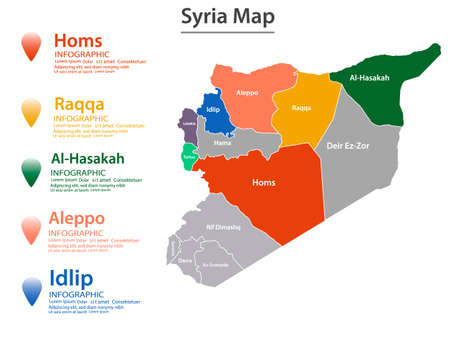 Syria map divided into federal states. Territory of country with regional borders.のイラスト素材