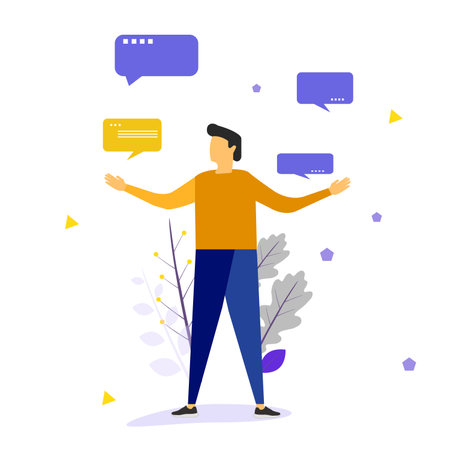 Young man surrounded by speech and thoughts. Thinking or reflecting. Difficult decision, dilemma, .on white background. Vector illustrationのイラスト素材